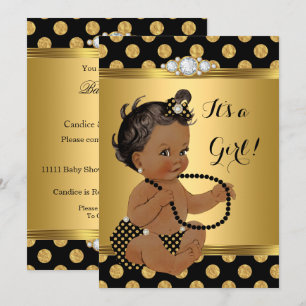 Baby Shower Girl Gold Foil Black Pearls Ethnic Invitation