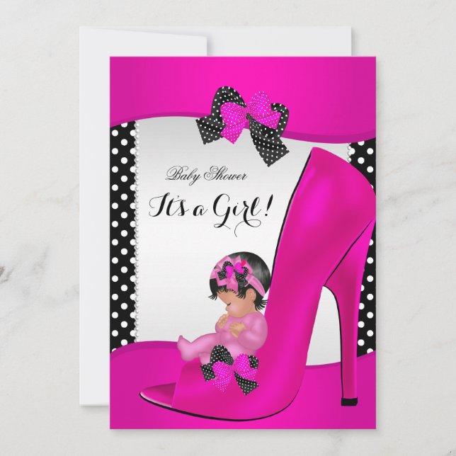 Baby Shower Girl Hot Pink Baby Shoe Polka Dots Invitation (Front)