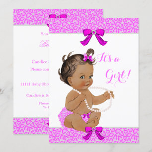 Baby Shower Girl Hot Pink Leopard Pearls Brunette Invitation
