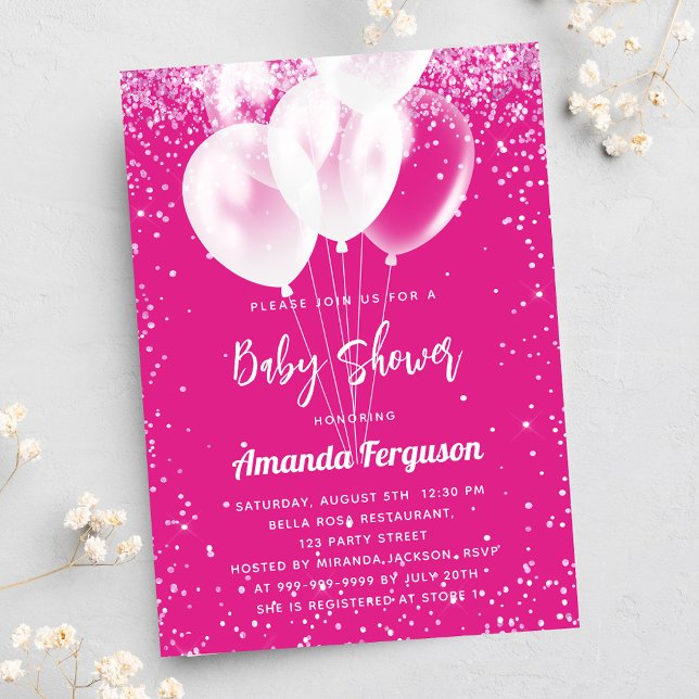 Baby Shower girl hot pink white balloons luxury Invitation (Creator Uploaded)