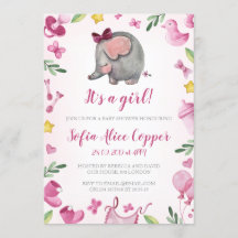 Baby shower girl Invitation | Pink | Elephant