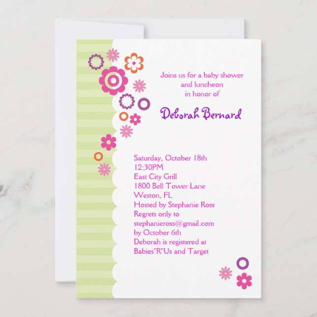 Baby Shower Girl Invitation with Flowers and Strip (Front)