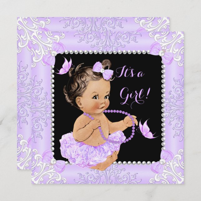 Baby Shower Girl Lavender Butterfly Tutu Brunette Invitation (Front/Back)