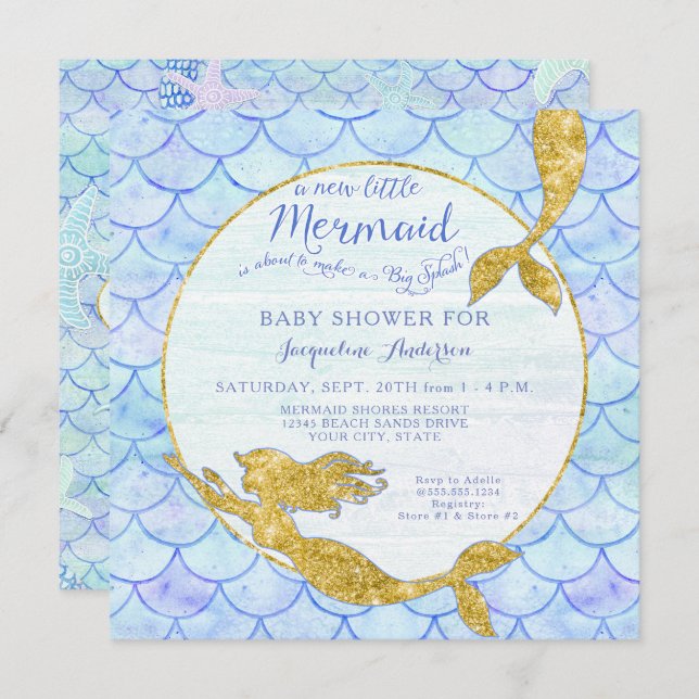 Baby Shower Girl Mermaid Watercolor Scales n Gold Invitation (Front/Back)