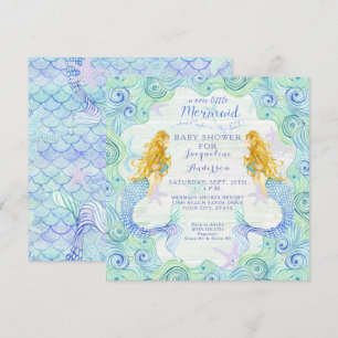 Baby Shower Girl Mermaid Watercolor Waves Wood Art Invitation
