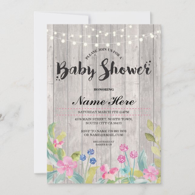 Baby Shower Girl or Boy Wood Floral Lights Invite (Front)