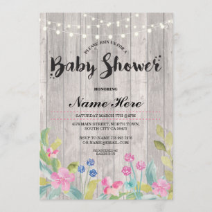 Baby Shower Girl or Boy Wood Floral Lights Invite