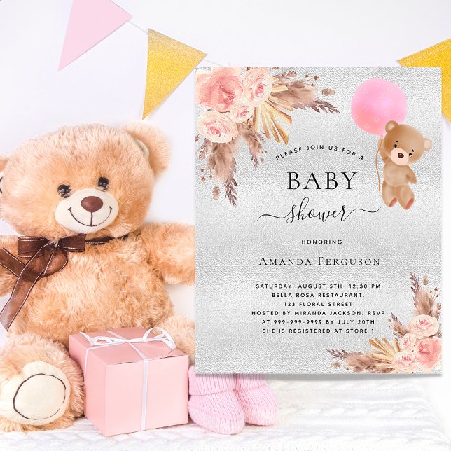 Baby shower girl pampas grass teddy silver budget flyer (Creator Uploaded)