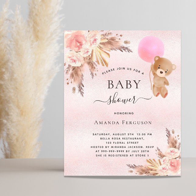 Baby shower girl pampas teddy budget invitation flyer (Creator Uploaded)