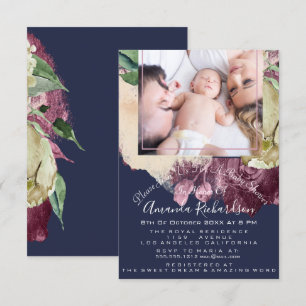 Baby Shower Girl  Photo Navy Roses Floral Invitation