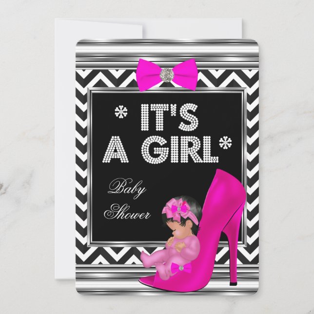 Baby Shower Girl Pink Baby Shoe Chevron Invitation (Front)