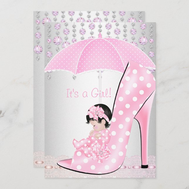 Baby Shower Girl Pink Baby Shoe Diamond 2 Invitation (Front/Back)