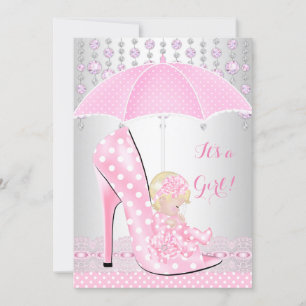 Baby Shower Girl Pink Baby Shoe Diamond A2 Invitation