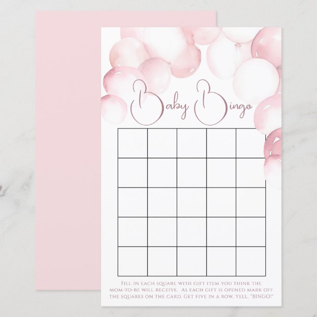 Baby shower Girl pink balloons arch bingo game (Front/Back)