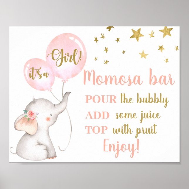 Baby Shower Girl Pink Elephant Momosa Sign (Front)