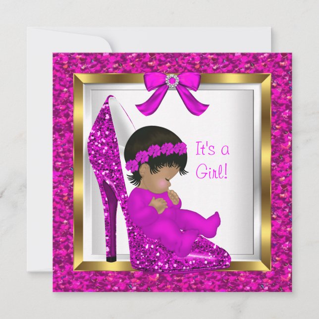 Baby Shower Girl Pink Glitter Baby in Shoe Invitation (Front)