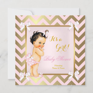 Baby Shower Girl Pink Gold Chevron Brunette Invitation