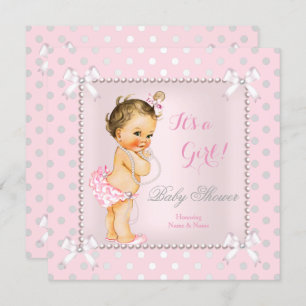 Baby Shower Girl Pink Grey Pearl Brunette Invitation
