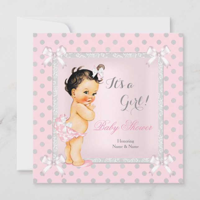 Baby Shower Girl Pink Grey Polka Dot Brunette Invitation (Front)