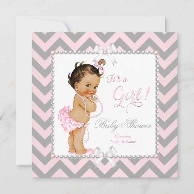 Baby Shower Girl Pink Grey Stripe White Brunette Invitation (Front)