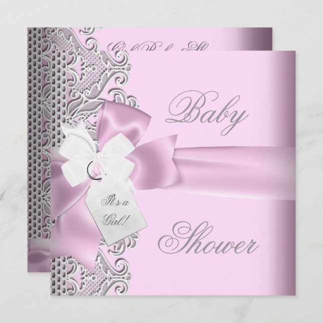 Baby Shower Girl Pink Grey White Lace Invitation (Front/Back)