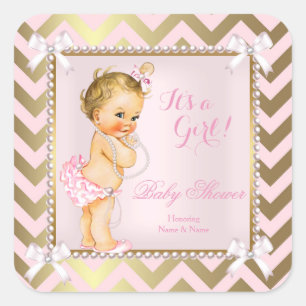 Baby Shower Girl Pink Pearl Gold Chevron Blonde Square Sticker