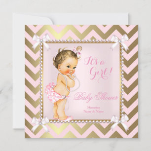Baby Shower Girl Pink Pearl Gold Chevron Brunette Invitation