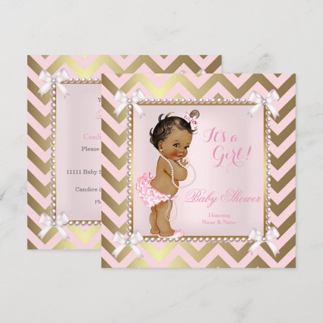 Baby Shower Girl Pink Pearl Gold Chevron Ethnic Invitation (Front/Back)