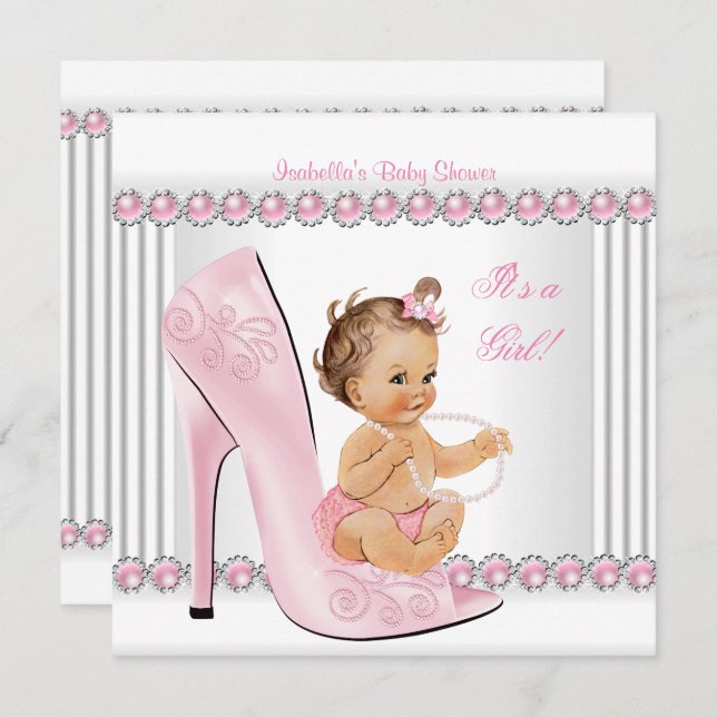 Baby Shower Girl Pink Pearl High Heel Shoes Invitation (Front/Back)