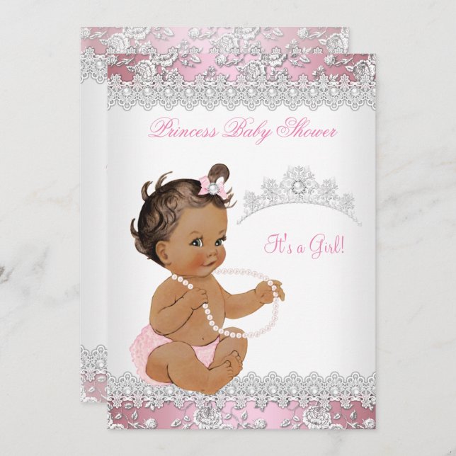 Baby Shower Girl Pink Pearl Silver Rose Brunette Invitation (Front/Back)