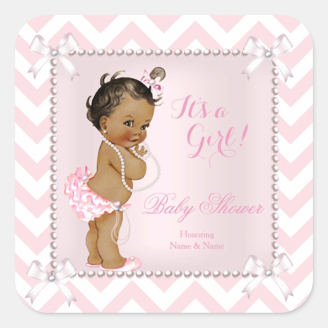 Baby Shower Girl Pink Pearl White Chevron Ethnic Square Sticker (Front)