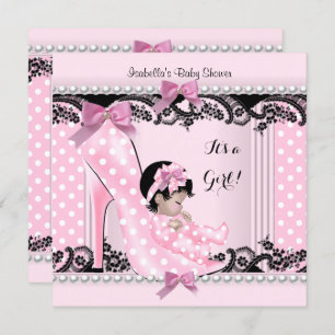 Baby Shower Girl Pink Polka Dots High Heel Shoe 4 Invitation