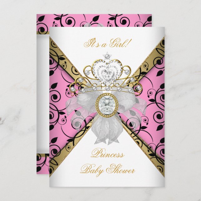 Baby Shower Girl Pink Princess Damask Black Invitation (Front/Back)