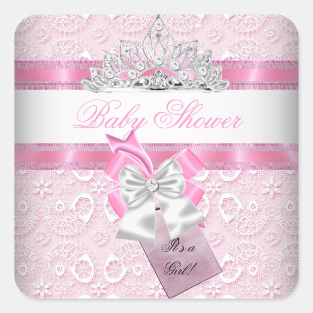 Baby Shower Girl Pink Princess Tiara Square Sticker (Front)