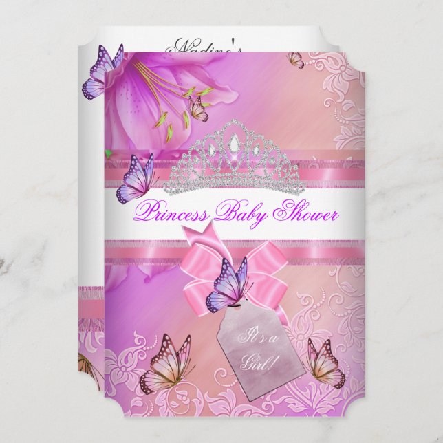 Baby Shower Girl Pink Purple Princess Butterfly 3 Invitation (Front/Back)