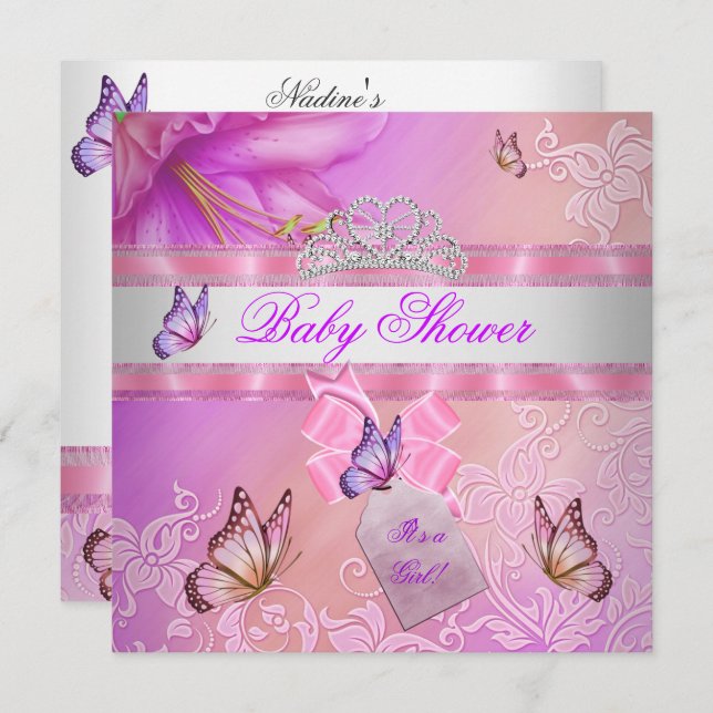 Baby Shower Girl Pink Purple Princess Butterfly Invitation (Front/Back)