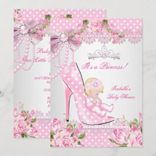 Baby Shower Girl Pink Rose Polka Dots High Heels B Invitation