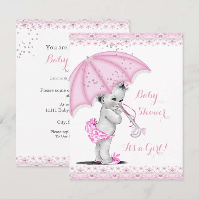 Baby Shower Girl Pink Sprinkle Umbrella Invitation (Front/Back)