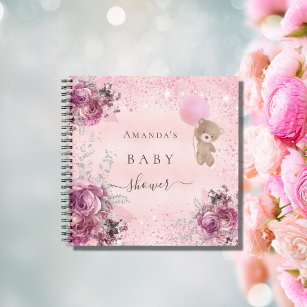 Baby Shower girl pink teddy bear floral guest book