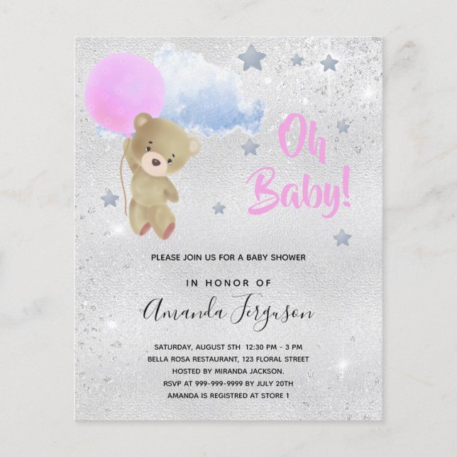 Baby shower girl pink teddy bear silver invitation (Front)