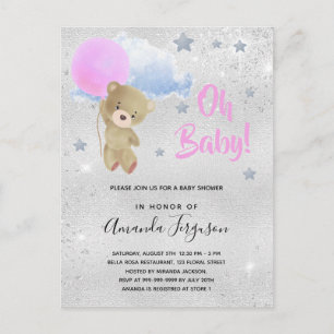 Baby shower girl pink teddy bear silver invitation postcard