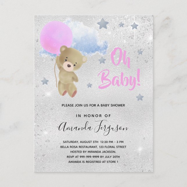 Baby shower girl pink teddy bear silver invitation postcard (Front)