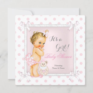 Baby Shower Girl Pink Toy Polka Dot Blonde Invitation