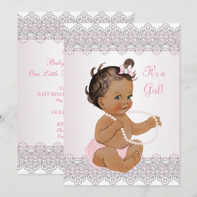 Baby Shower Girl Pink White Lace Pearl Brunette Invitation (Front/Back)
