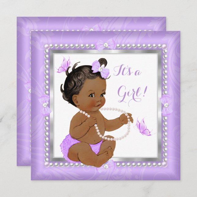 Baby Shower Girl Purple Pearl Butterfly Ethnic Invitation (Front/Back)