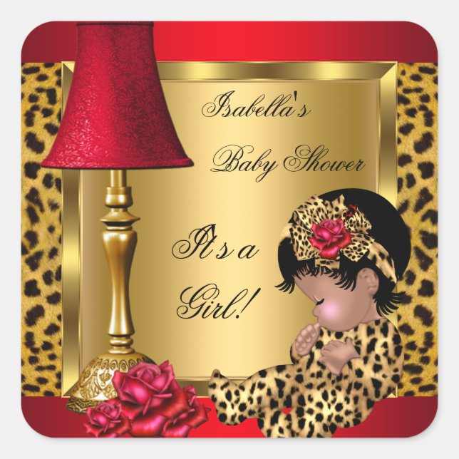 Baby Shower Girl Red Gold Roses Leopard AA Square Sticker (Front)