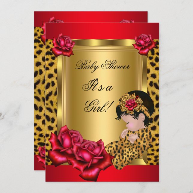 Baby Shower Girl Red Gold Roses Leopard Custom Invitation (Front/Back)