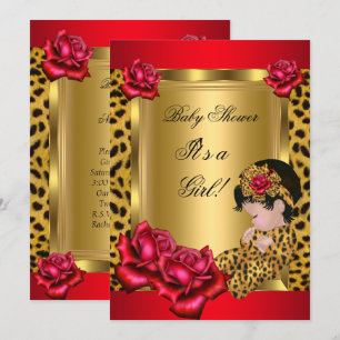 Baby Shower Girl Red Gold Roses Leopard Custom Invitation