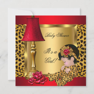 Baby Shower Girl Red Gold Roses Leopard Invitation