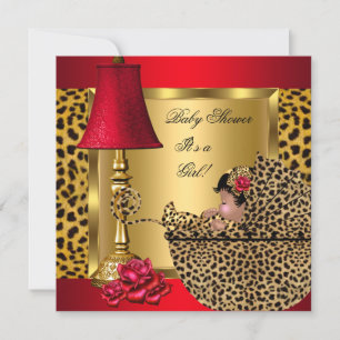 Baby Shower Girl Red Gold Roses Leopard Pram AA Invitation